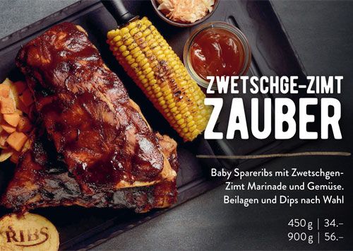 Baby Spareribs mit Zwetschgen-Zimt Marinade und Gemüse. Beilagen und Dips nach Wahl.